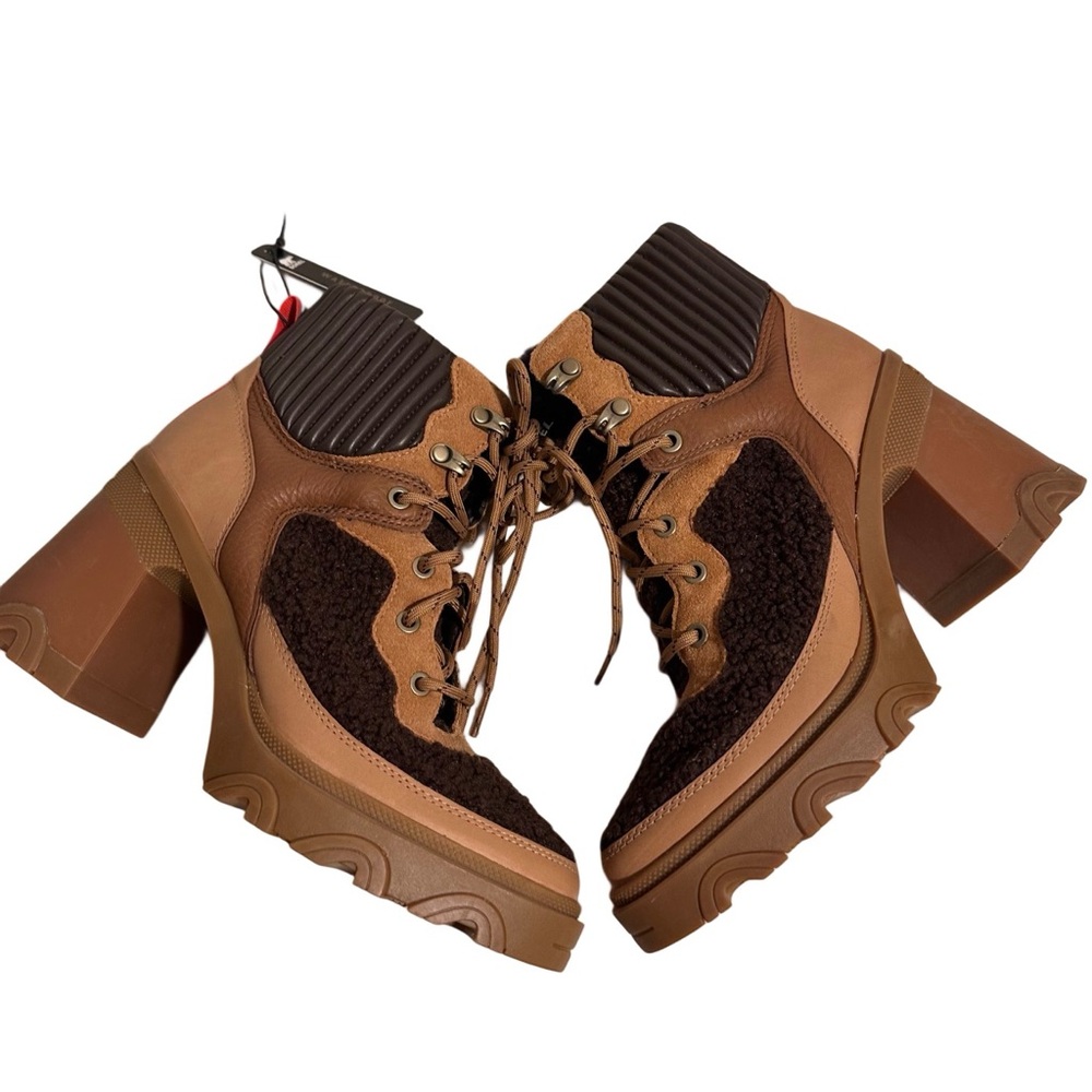Sorel Brex Heel Cozy Lace Waterproof Leather Women's Booties Tan/Black US 9 NWT - Picture 11 of 15
